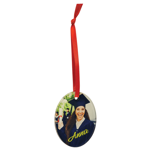 2 1/4" x 3" Oval Sublimatable Acrylic Ornament with Red Ribbon