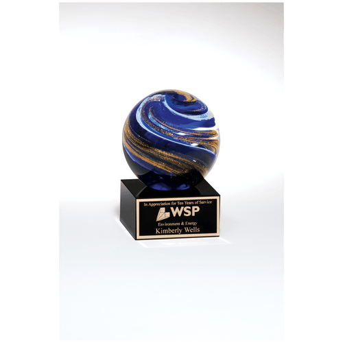5" Globe with Blue, White and Gold Metallic on Black Glass Base with Black Laser Aluminum Plate
