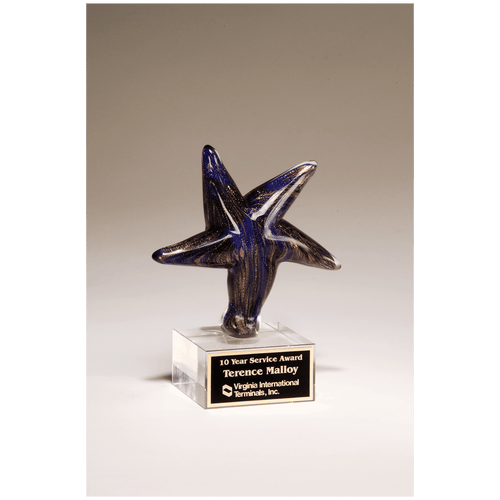 6 7/8" Blue Star Art Glass with Gold Metallic Highlights on Clear Glass Base and Black Laserable Aluminum Plate