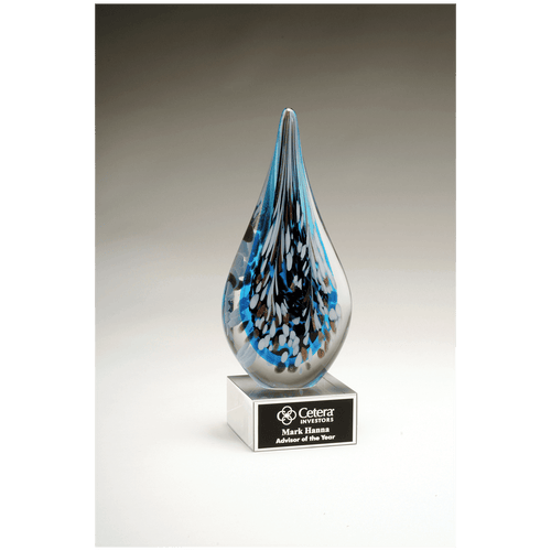 10" Multi-Colored Teardrop Art Glass on Clear Glass Base with Black Laserable Aluminum Plate