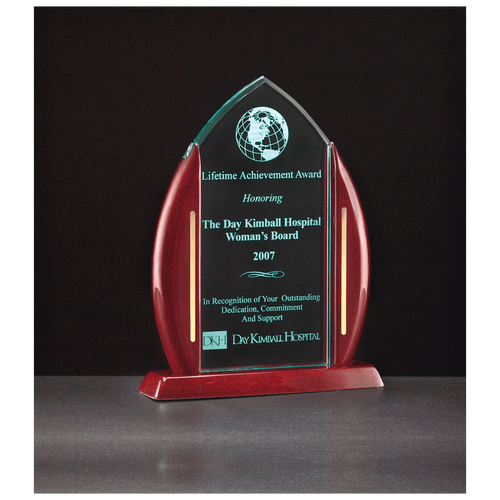 7 1/2" x 9 5/8" Flame Jade Acrylic with Rosewood Piano Finish Base and Posts, Gold Metal Accents