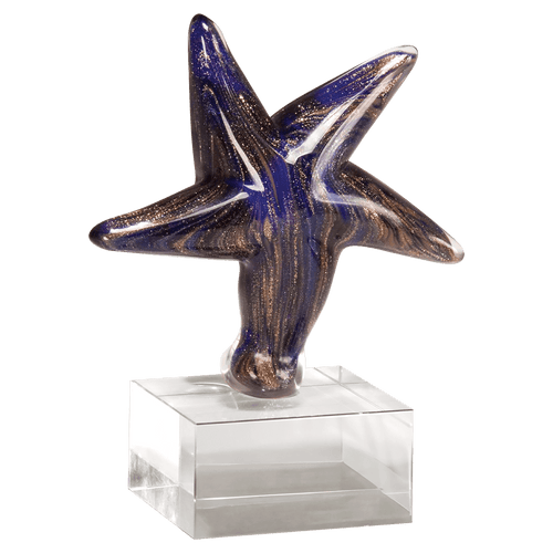 6 7/8" Blue Star Art Glass w/Gold Metallic Highlights on Clear Glass Base - No Plate