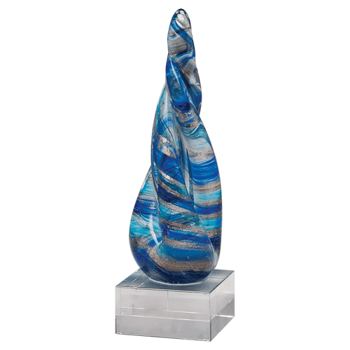 8 3/4" Twist Blue & Teal Art Glass w/Gold Metallic Accent on Clear Glass Base-No Plate