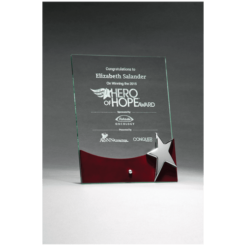 8" x 10" Freestanding Glass Award with High Gloss Rosewood Accent and Silver Star