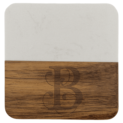 4" x 4" Acacia with White Marble Accent Square Coaster