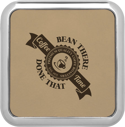 3 5/8" x 3 5/8" Square Light Brown Laserable Leatherette Coaster w/Silver Edge