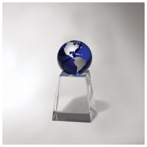 2 5/8" x 5 1/4" Crystal Award with Blue Globe - Plate Not Included