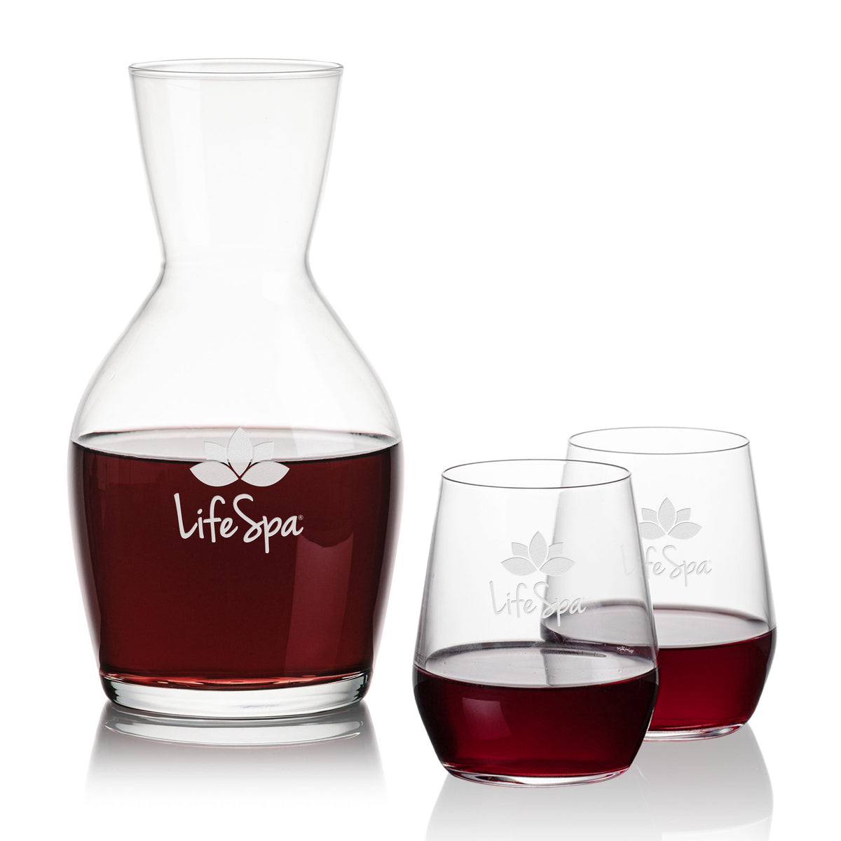 Westwood Carafe & Germain Stemless — Deep Etch example; representative set photo