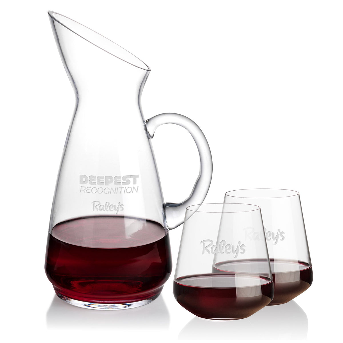 Taroni Carafe & Cannes Stemless Wine — Deep Etch example; representative set photo