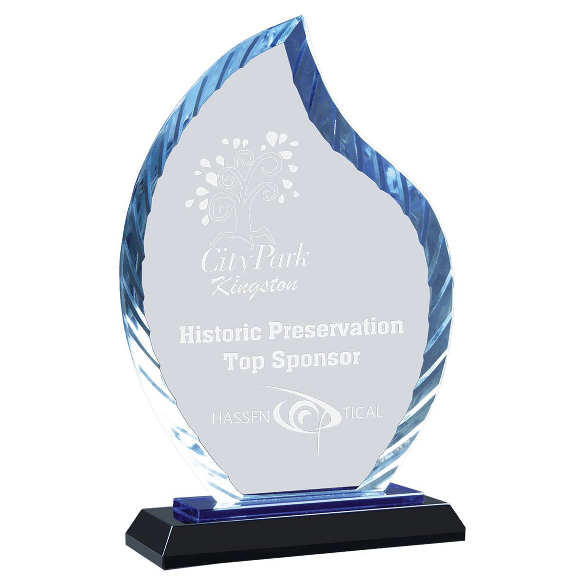 Blue Accent Glass Award — 8 Inches, Fan, Flame or Rectangle