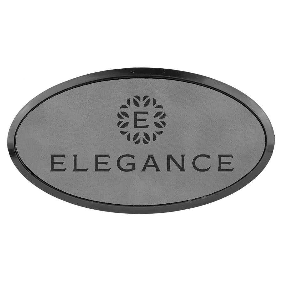Gray 3" x 1 1/2" Laserable Leatherette Oval Badge & Frame