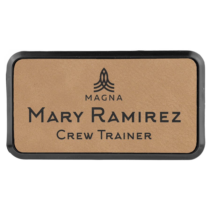Light Brown 3" x 1 1/2" Laserable Leatherette Round Corner Badge & Frame