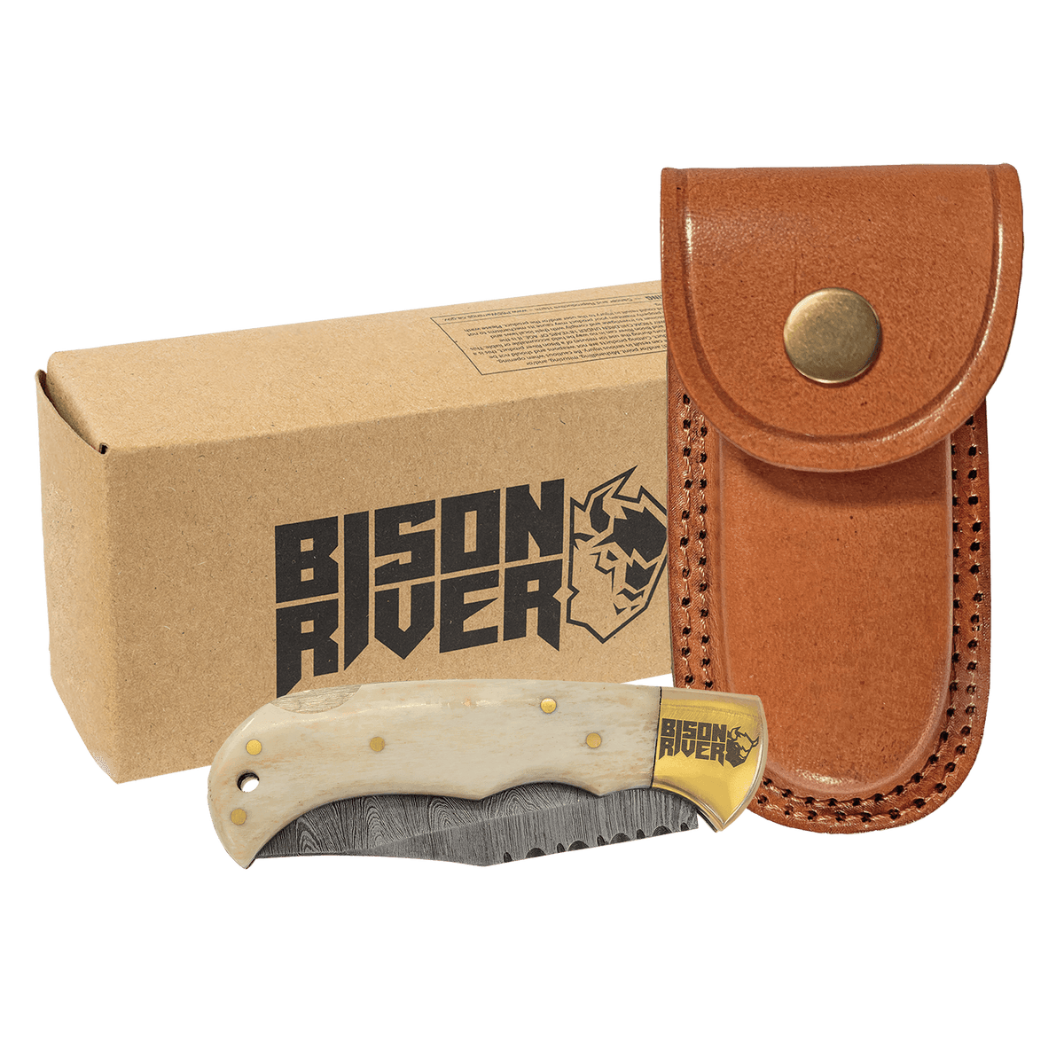 Bison River 3 3/4" Bone Folding Knife with Damascus Steel Blade and Leather Sheath