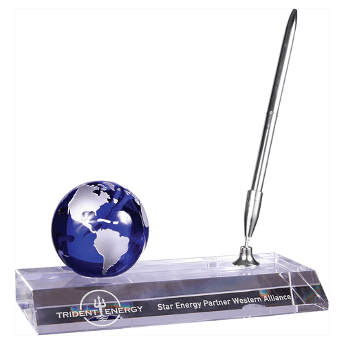 7" x 3" Blue Crystal Globe with Base and Pen