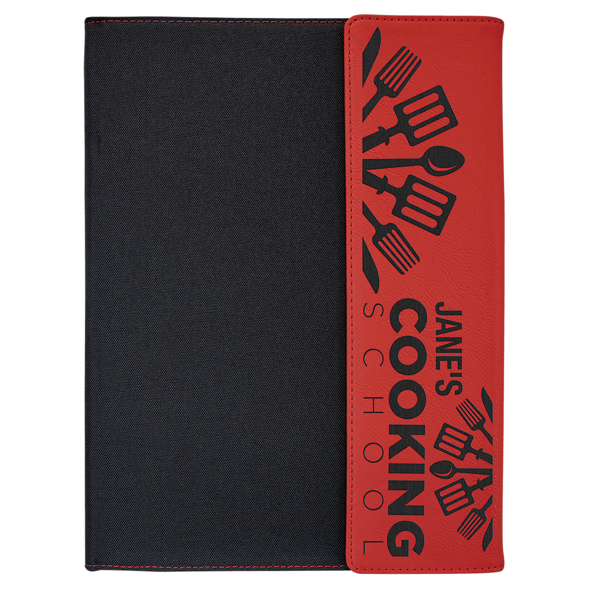 Red Laserable Leatherette / Black 9 1/2" x 12" Canvas Portfolio with Leatherette Accent and Notepad