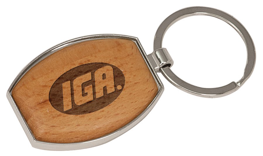 1 1/2" x 1 15/16" Silver/Wood Laserable Oval Keychain