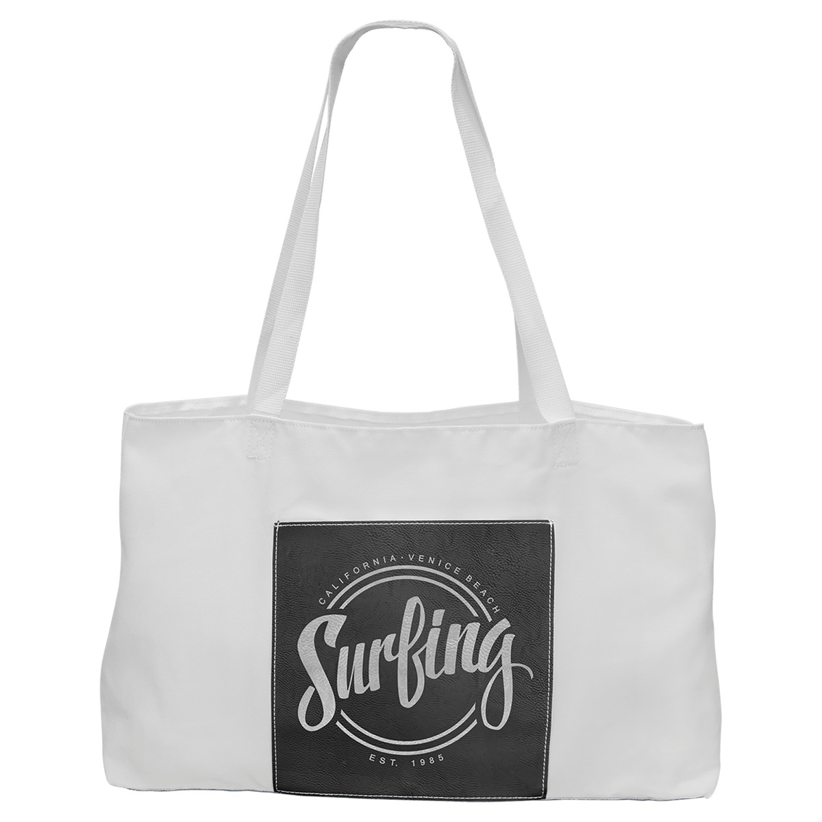 Black/Silver 19" x 12" Canvas Tote Bag with Leatherette Pocket and Gusset