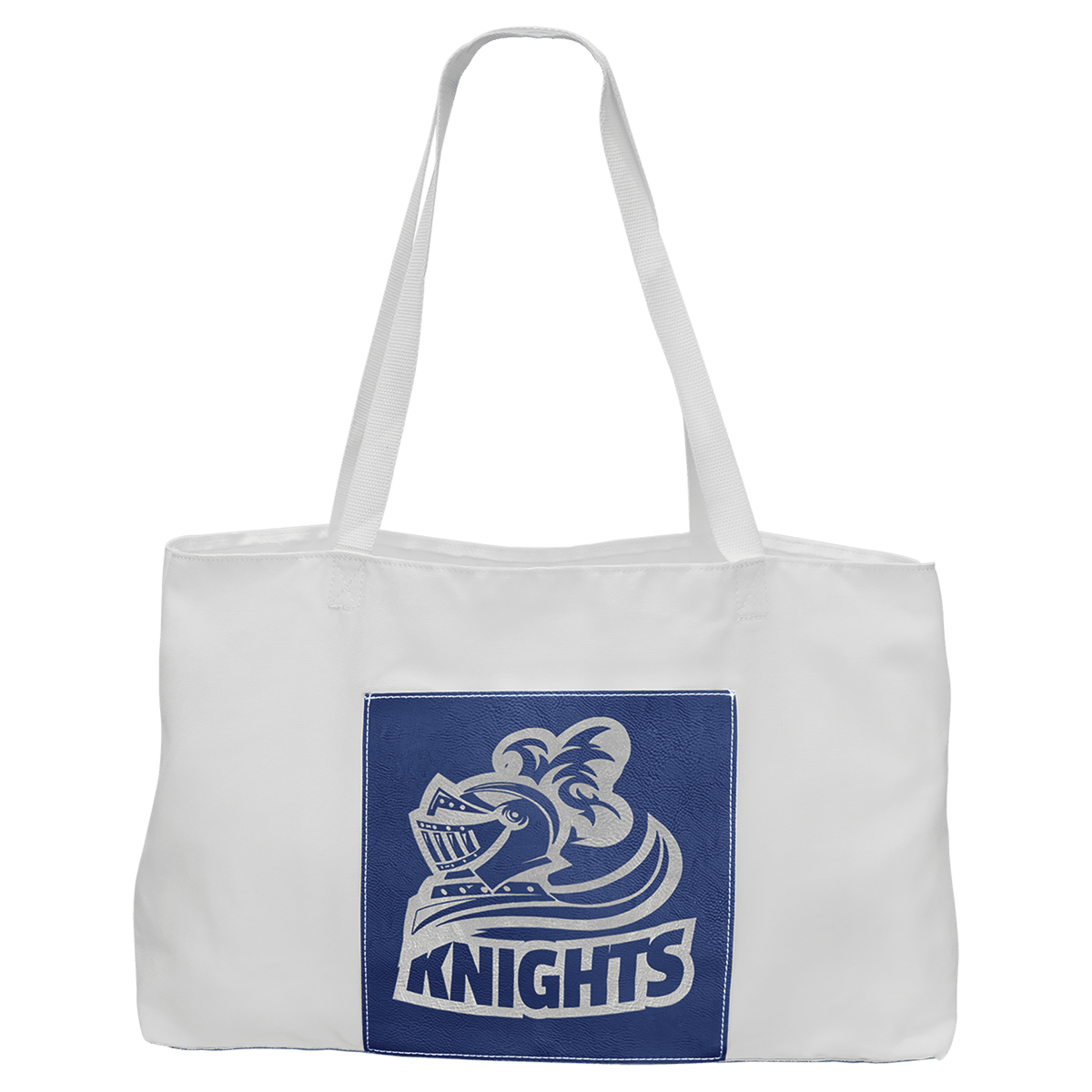Blue/Silver 19" x 12" Canvas Tote Bag with Leatherette Pocket and Gusset