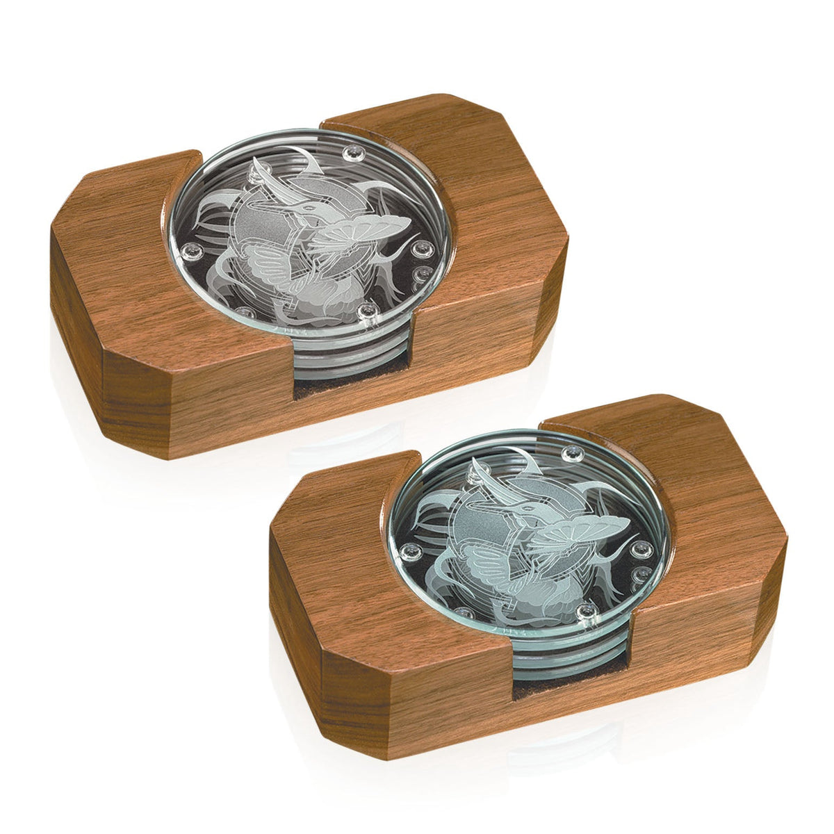 Round Glass Coasters — Set of Four with Wood Tray