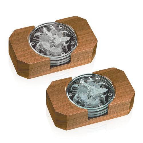 Round Glass Coasters — Set of Four with Wood Tray
