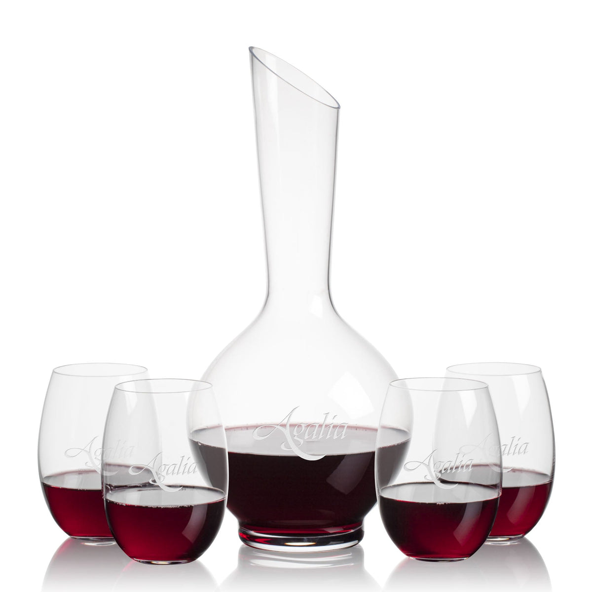 Sanguine Carafe & Carlita Stemless Wine — Deep Etch example; representative set photo