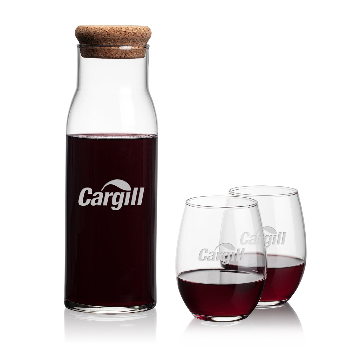 Aviston Carafe & Stanford Stemless Wine — Deep Etch example; representative set photo