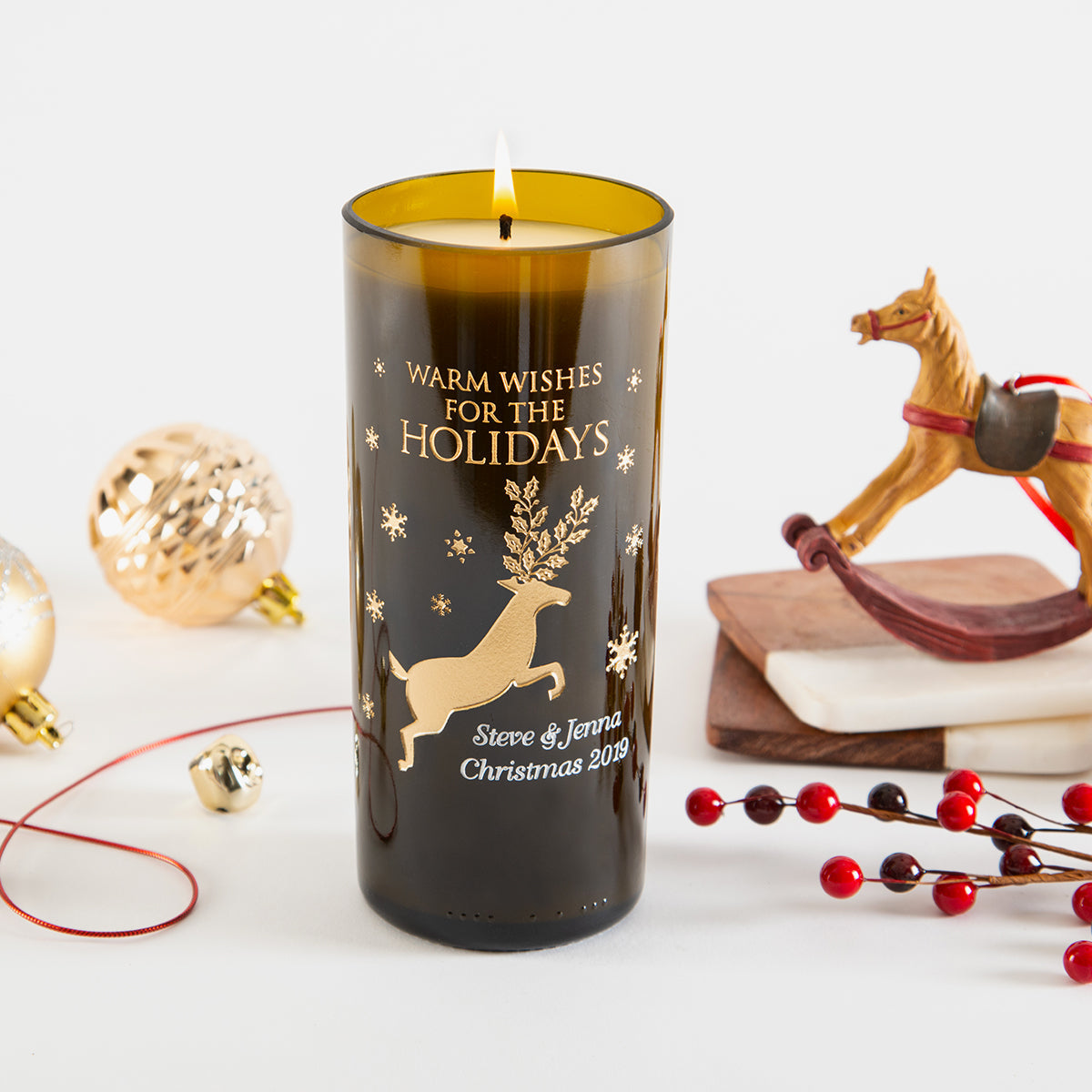 Reindeer & Snowflakes Personalized Candle — engraved personalized design