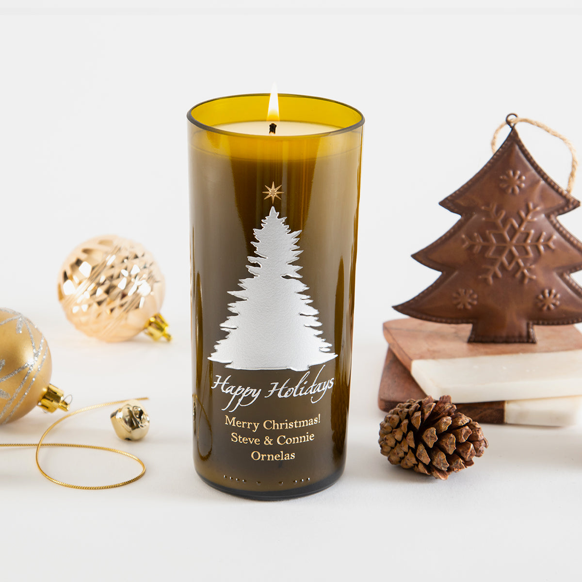 Elegant Tree & Star Personalized Candle — engraved personalized design