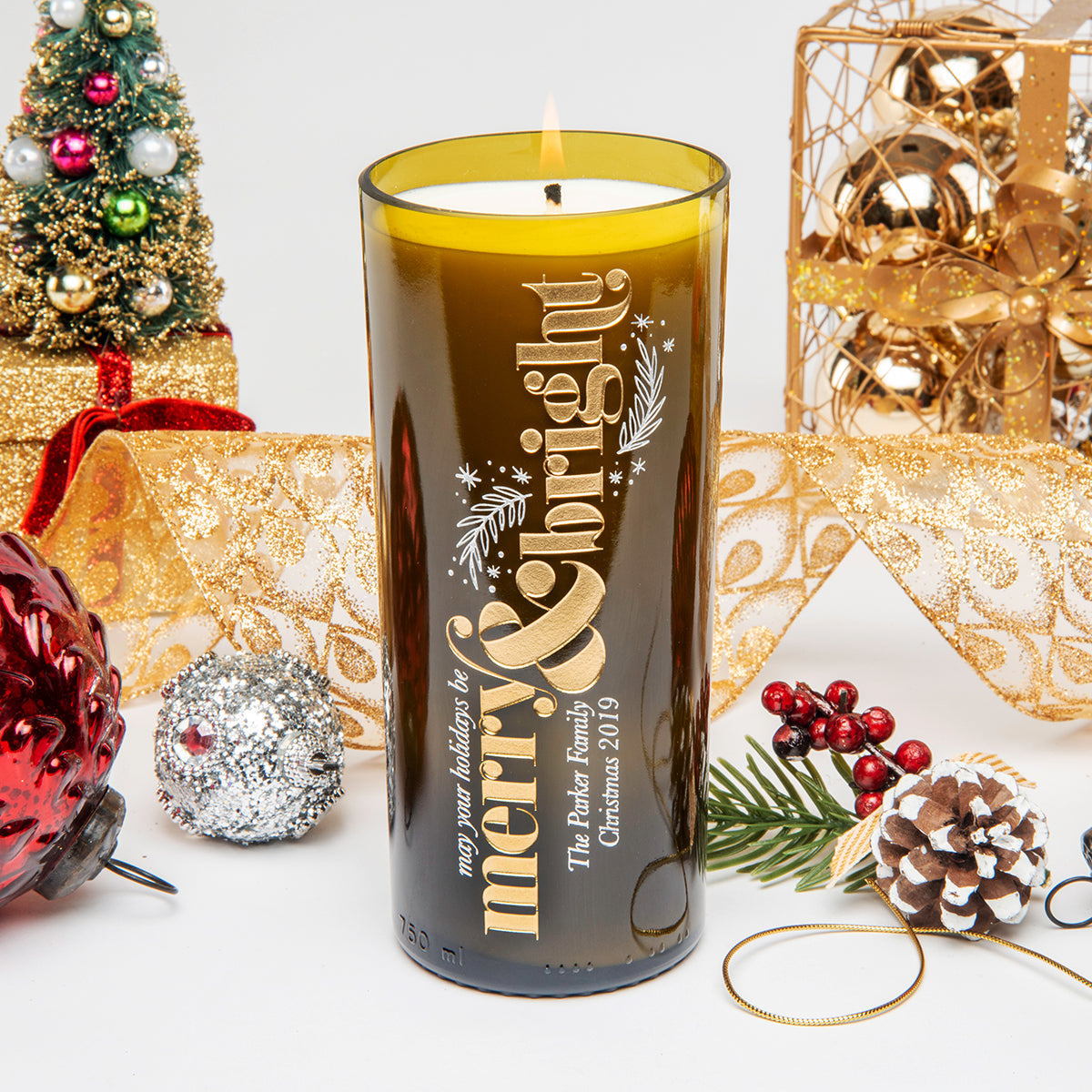 Festive Merry & Bright Personalized Candle — engraved personalized design