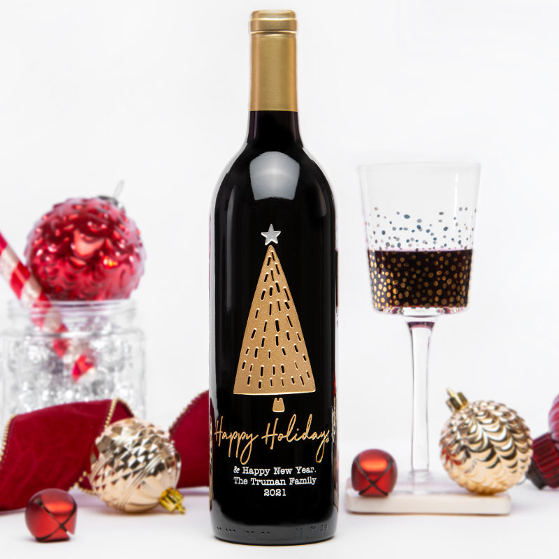 Happy Holidays Tree — Engraved Wine Bottle