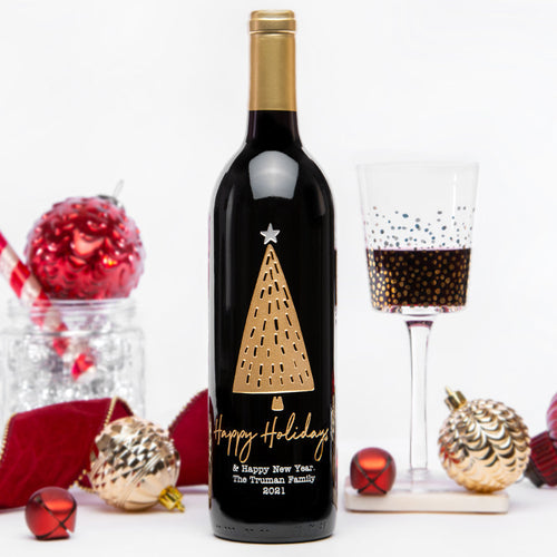 Happy Holidays Tree — Engraved Wine Bottle