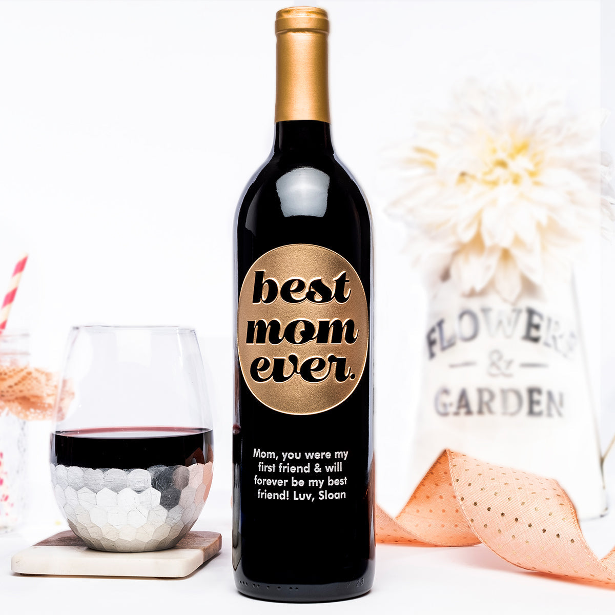 Retro Best Mom Ever — Engraved Wine Bottle