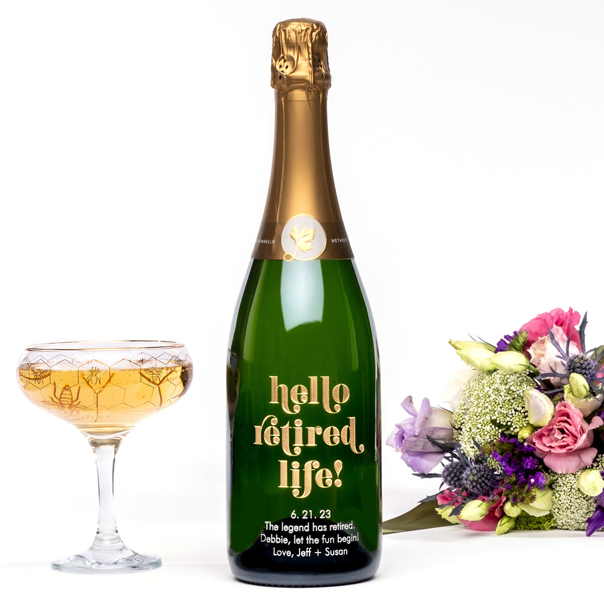 Hello Retired Life! — Engraved Wine Bottle