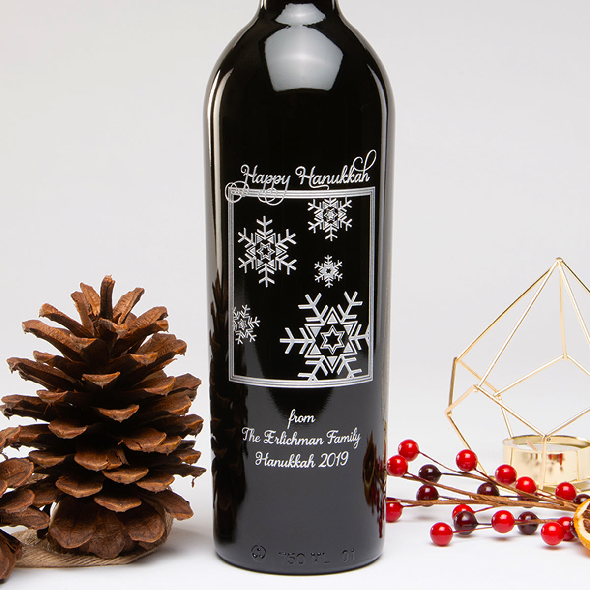 Star of David Shimmering Snowflakes — Engraved Wine Bottle