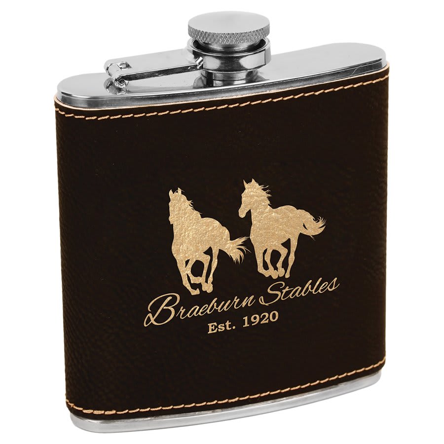 6 oz. Flask — Black/Gold Laserable Leatherette Stainless Steel