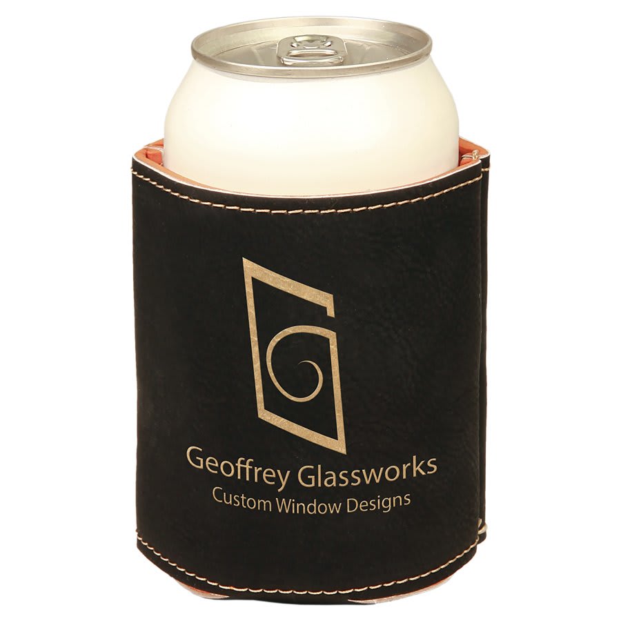 3 3/4" Laserable Leatherette Beverage Holder — Black/Gold