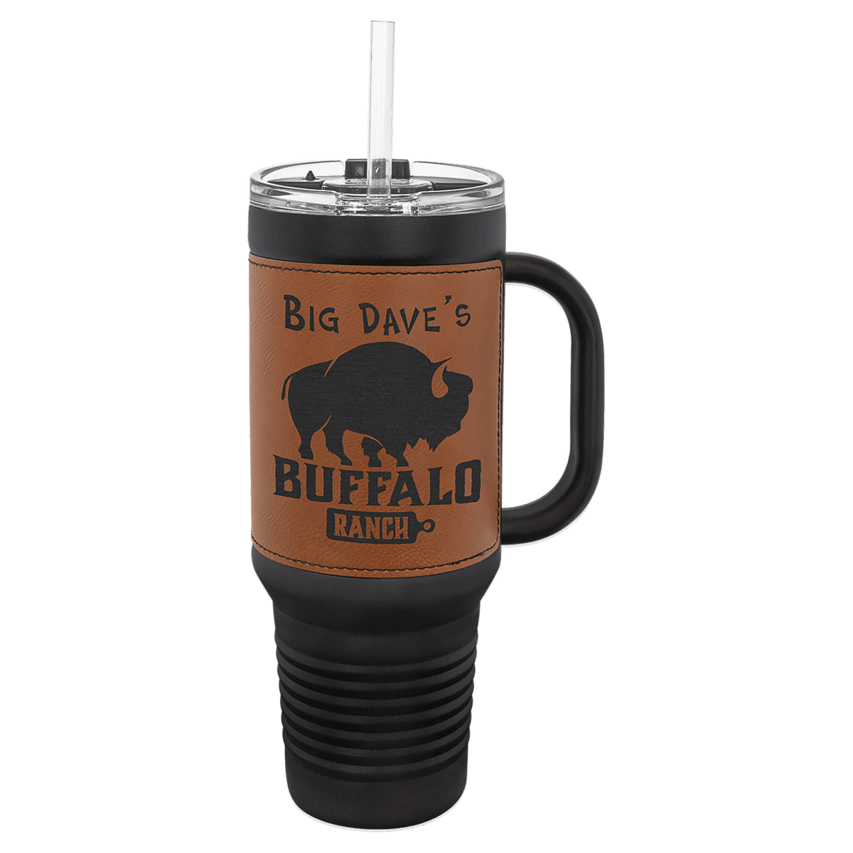 Polar Camel 40 oz. Laserable Leatherette Travel Mug with a Handle & Straw — Black with Rawhide