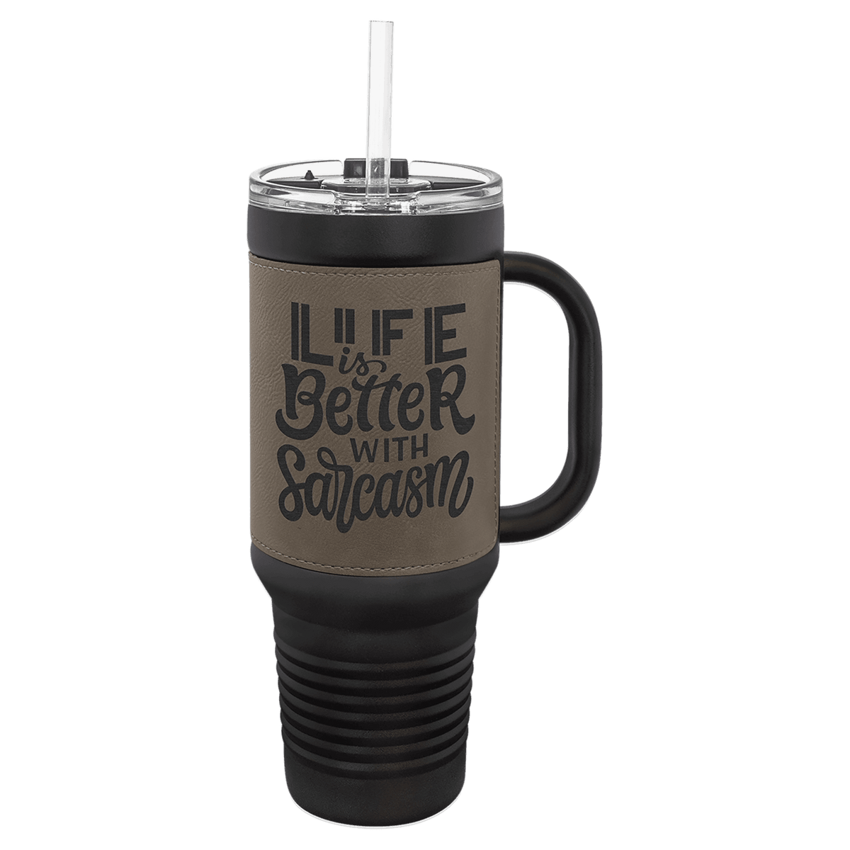 Polar Camel 40 oz. Laserable Leatherette Travel Mug with a Handle & Straw — Black with Gray