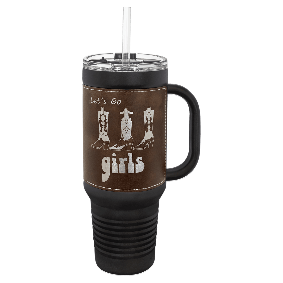 Polar Camel 40 oz. Laserable Leatherette Travel Mug with a Handle & Straw — Black with Rustic/Silver
