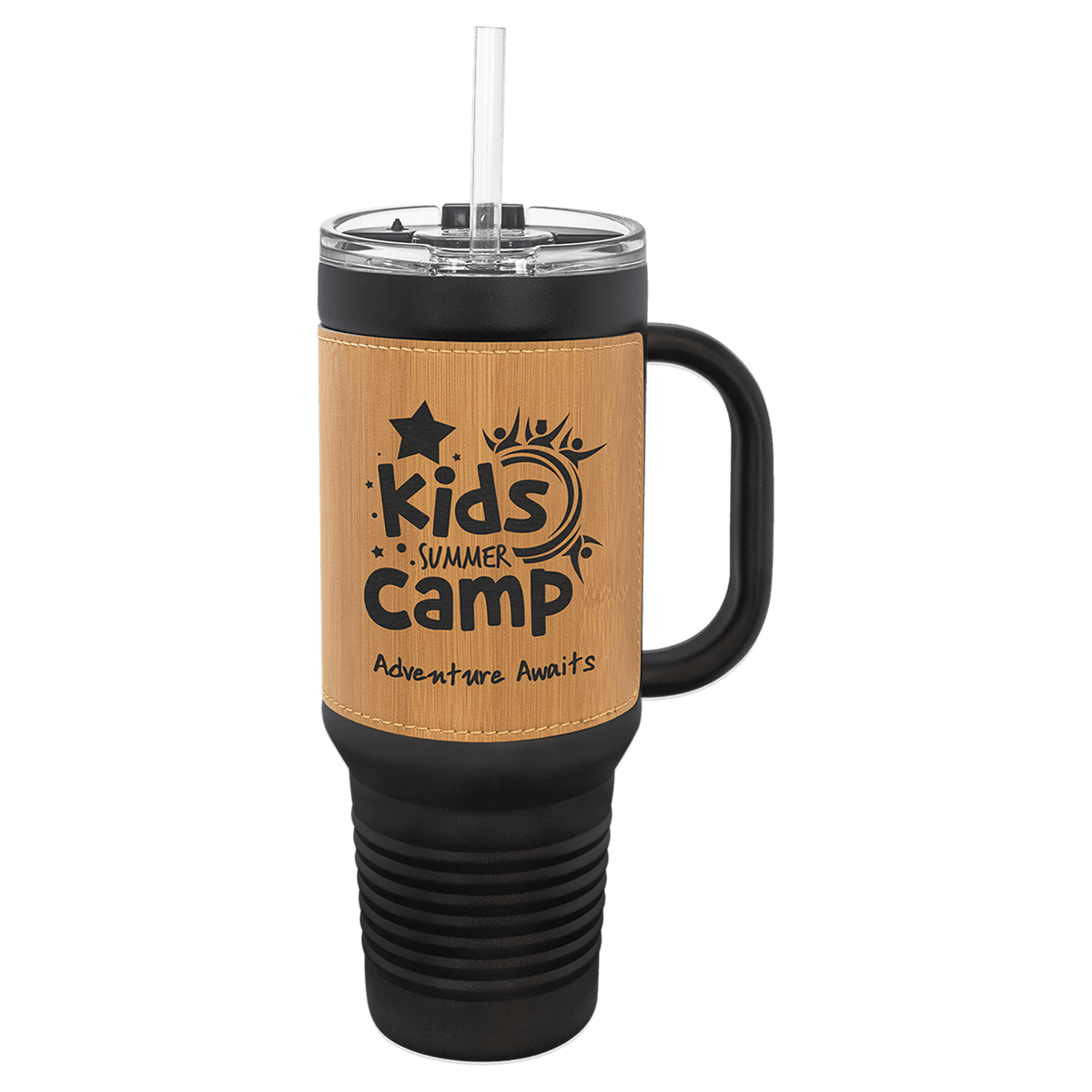 Polar Camel 40 oz. Laserable Leatherette Travel Mug with a Handle & Straw — Black with Bamboo