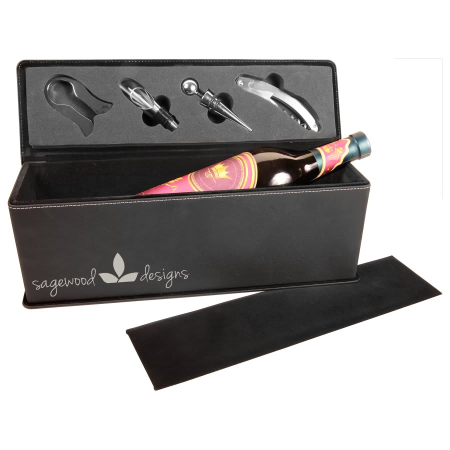 Laserable Leatherette Single Wine Box with Tools — Black/Silver