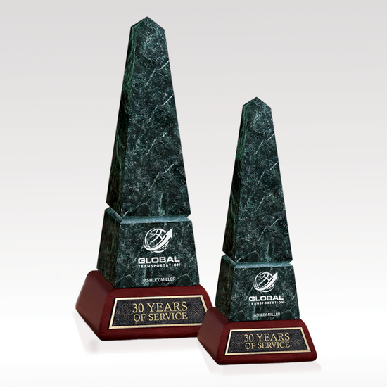 Green Marble Obelisk with Cherry Finish Wood