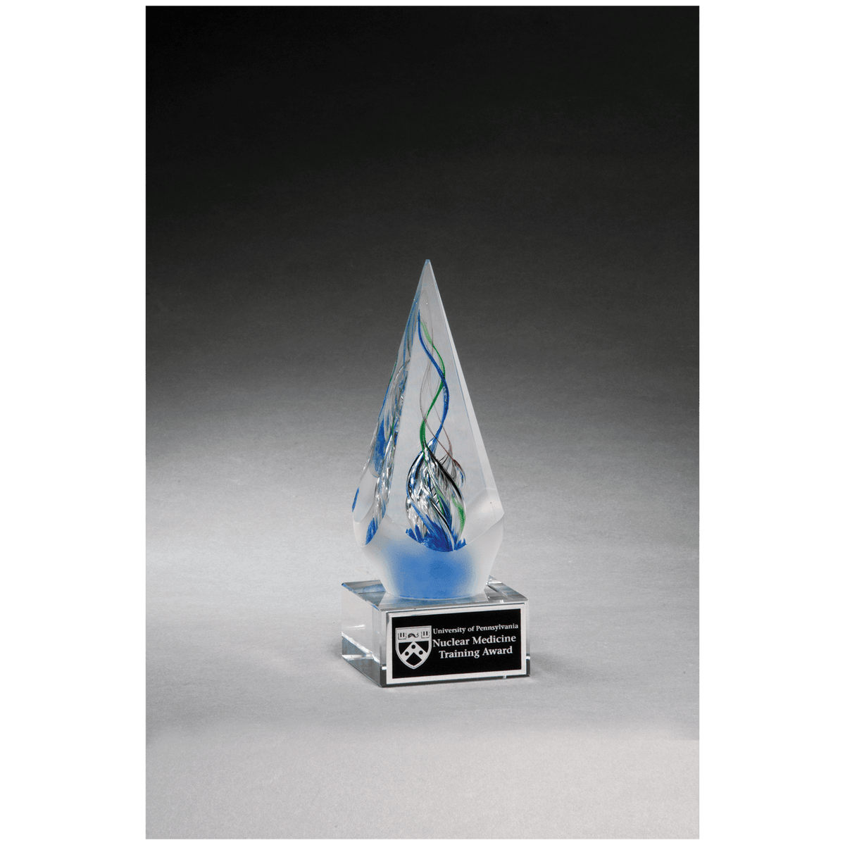 7 1/8" Frosted Glass Accent Arrow Art Glass on Clear Glass Base with Black Laserable Aluminum Plate