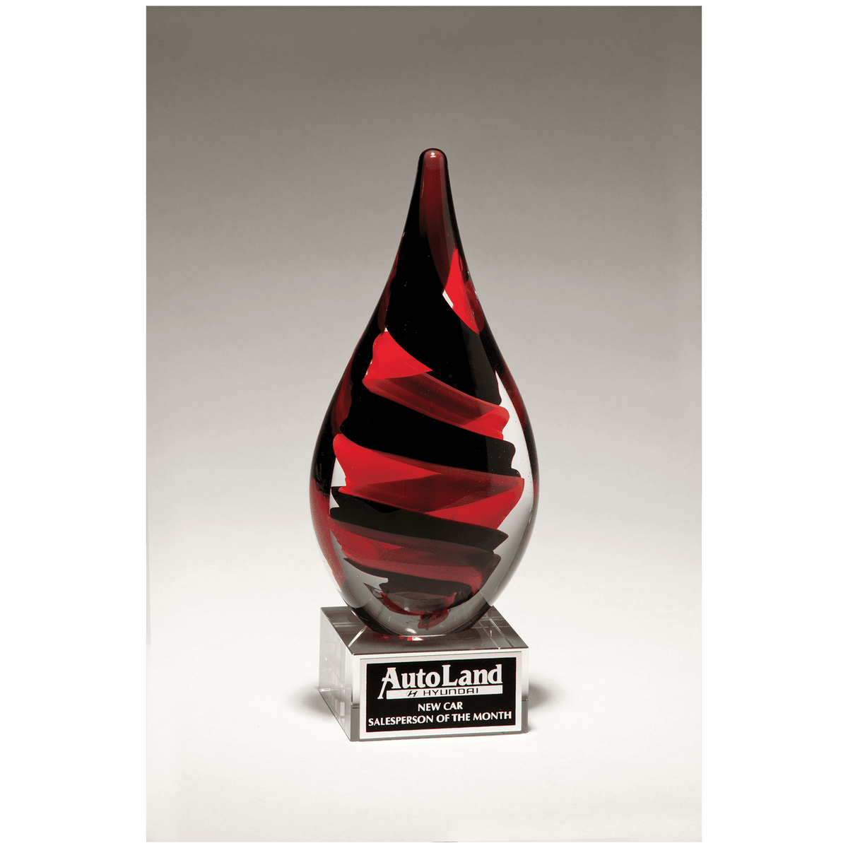 8" Black and Red Helix Teardrop on Clear Glass Base with Black Laserable Aluminum Plate