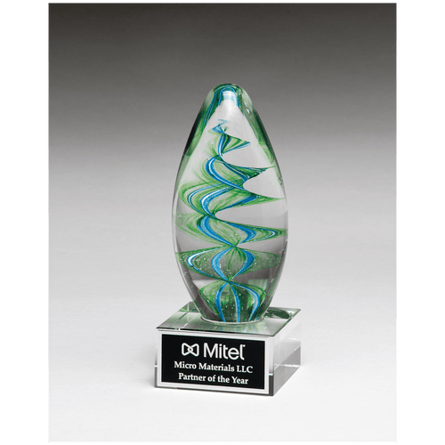 6 1/2" Blue and Green Helix Egg Shaped Art Glass on Clear Glass Base with Black Laserable Aluminum Plate