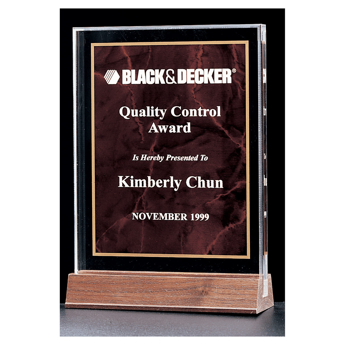 5" x 7 5/8" Ruby Marble Acrylic Award with American Walnut Base
