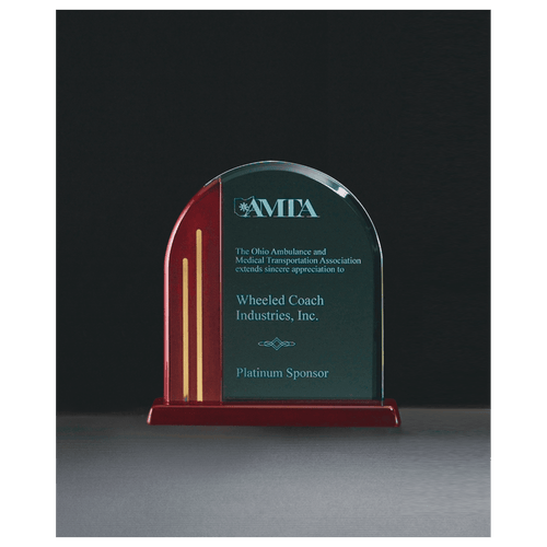7 1/2" x 7 7/8" Arch Series Jade Acrylic with Rosewood Piano Finish Base, Gold Metal Accents