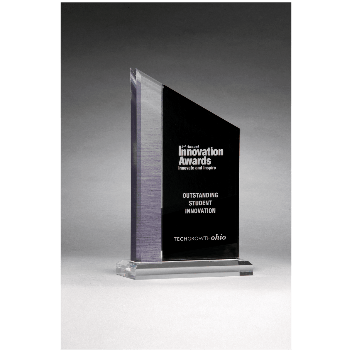 Digitally Printed Brushed Silver Accent on Black Upright Acrylic with Clear Base