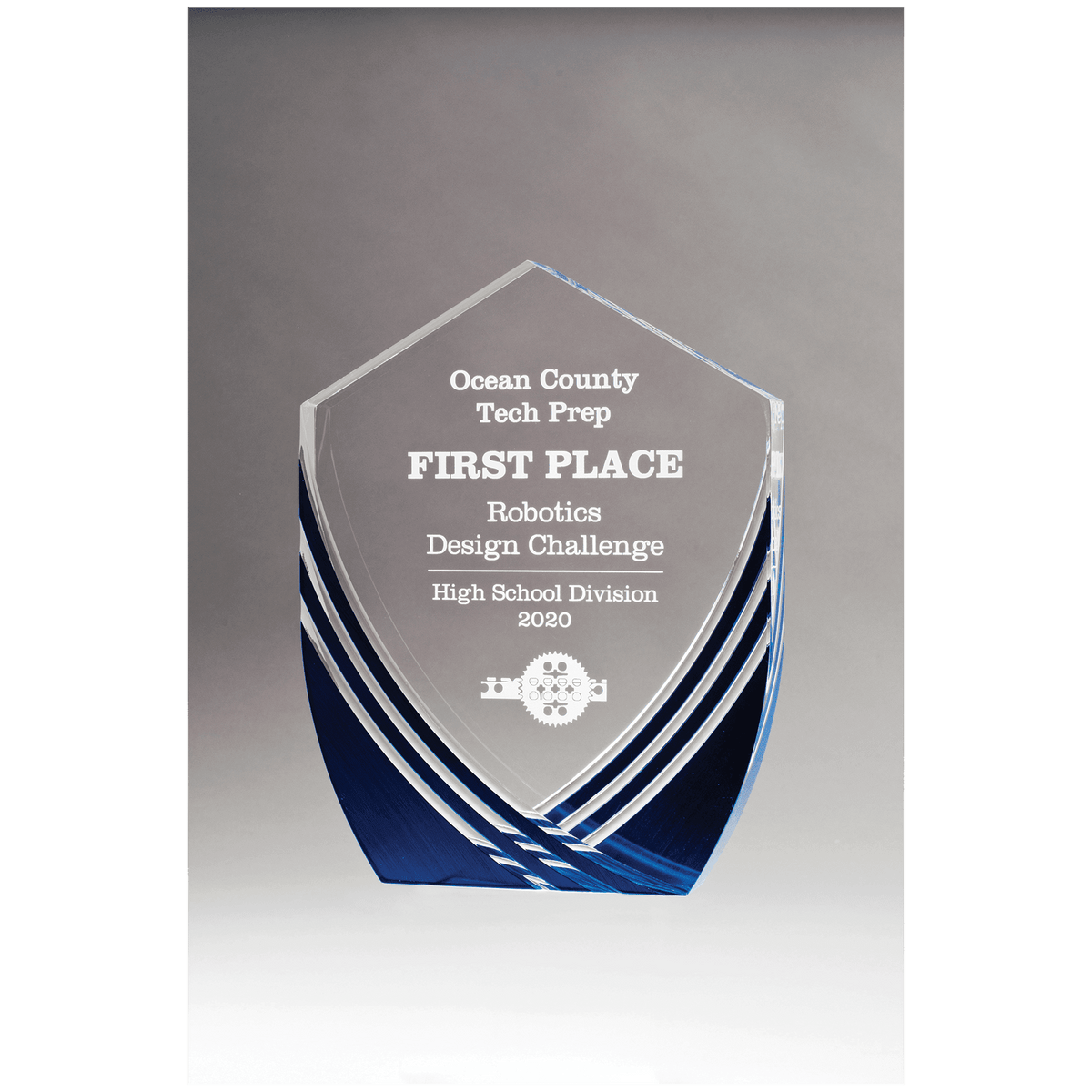 Shield Series Clear Acrylic with Polished Score Lines and Blue Metallic Accent