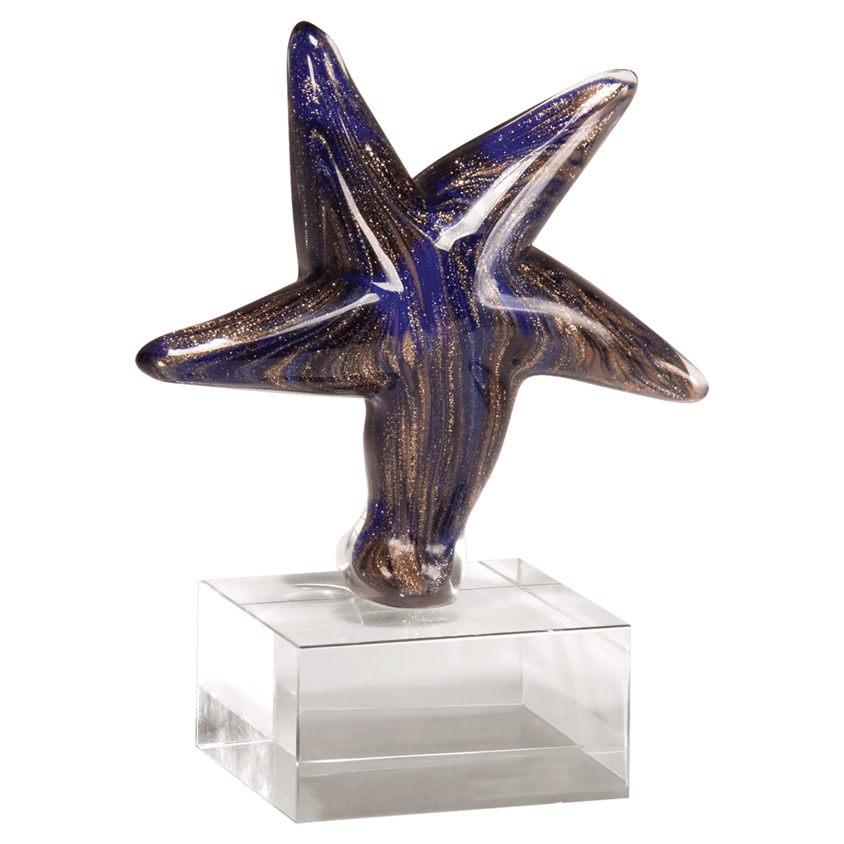 6 7/8" Blue Star Art Glass w/Gold Metallic Highlights on Clear Glass Base - No Plate